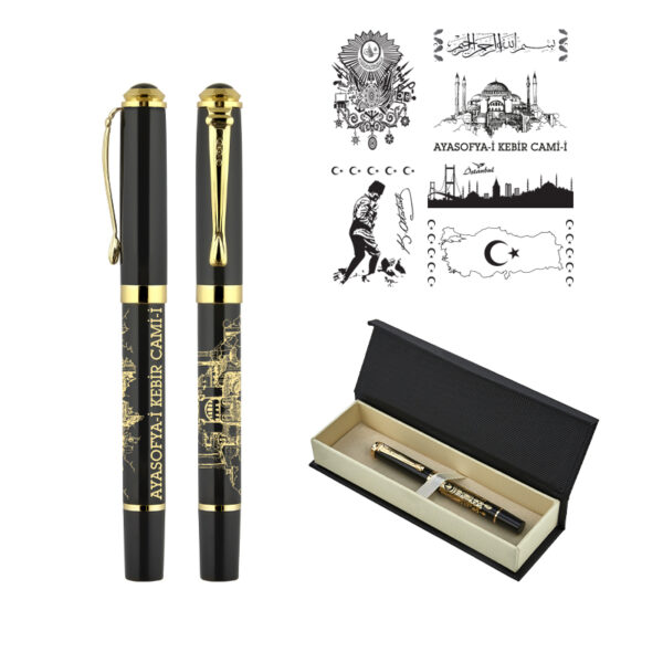 685-KR Türkiye Kabartma Figürlü Metal Roller Kalem Seti - Image 2